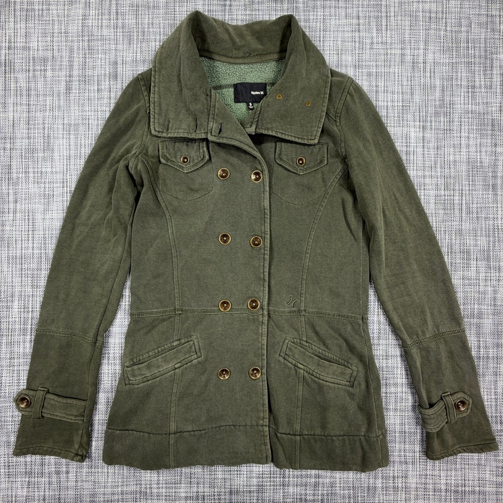 Hurley Womens Jacket S Olive Green Cotton Double Breasted Military Utility Coat